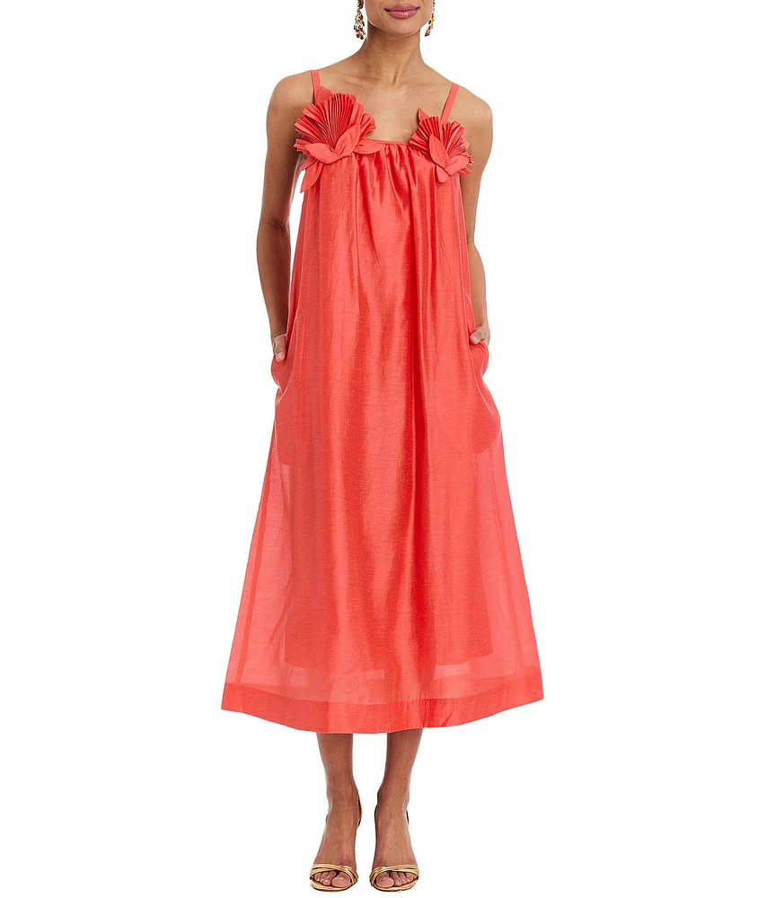 Mestiza New York Solenn Linen Blend Organza Square Neck Sleeveless Floral Applique Midi Dress