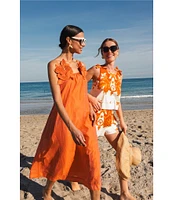 Mestiza New York Solenn Linen Blend Organza Square Neck Sleeveless Floral Applique Midi Dress