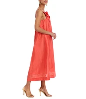 Mestiza New York Solenn Linen Blend Organza Square Neck Sleeveless Floral Applique Midi Dress