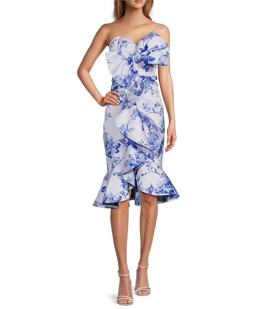 Mestiza New York Stephanie Bow Jacquard Floral Print Sweetheart Neck Sleeveless Midi Dress