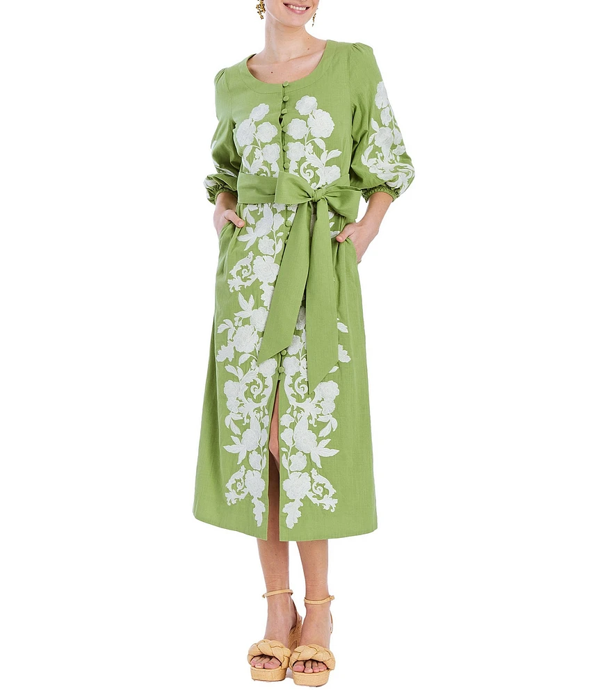 Mestiza New York Suzanna Linen Floral Applique Scoop Neck Elbow Sleeve Midi Dress