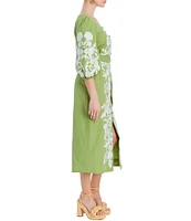 Mestiza New York Suzanna Linen Floral Applique Scoop Neck Elbow Sleeve Midi Dress