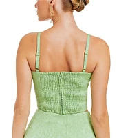 Mestiza New York Tonal Jacquard Corazon Sweetheart Neck Spaghetti Strap Bow Coordinating Cropped Top