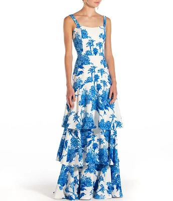 Mestiza New York Torero Palm Toile Print Square Neck Shoulder Strap Tiered Ruffled Maxi Dress