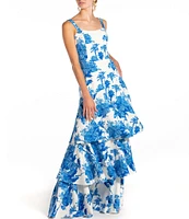 Mestiza New York Torero Palm Toile Print Square Neck Shoulder Strap Tiered Ruffled Maxi Dress