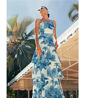 Mestiza New York Torero Palm Toile Print Square Neck Shoulder Strap Tiered Ruffled Maxi Dress