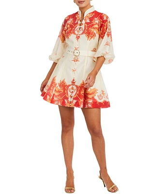 Mestiza New York Valencia Linen Blend Printed Organza Mandarin Collar Elbow Sleeve Belted Mini Dress