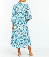 Mestiza New York Valencia Twill Split V-Neck Mandarin Collar 3/4 Balloon Sleeve Belted Midi A-Line Dress