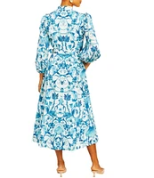 Mestiza New York Valencia Twill Split V-Neck Mandarin Collar 3/4 Balloon Sleeve Belted Midi A-Line Dress