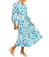Mestiza New York Valencia Twill Split V-Neck Mandarin Collar 3/4 Balloon Sleeve Belted Midi A-Line Dress