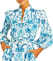 Mestiza New York Valencia Twill Split V-Neck Mandarin Collar 3/4 Balloon Sleeve Belted Midi A-Line Dress