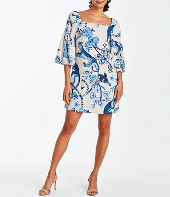 Mestiza New York Vivienne Animal Floral Toile Print Square Neck 3/4 Sleeve Mini Shift Dress