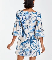 Mestiza New York Vivienne Animal Floral Toile Print Square Neck 3/4 Sleeve Mini Shift Dress