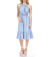 Michael Kors Chain Halter Neck Smocked Waist Sleeveless Midi Dress