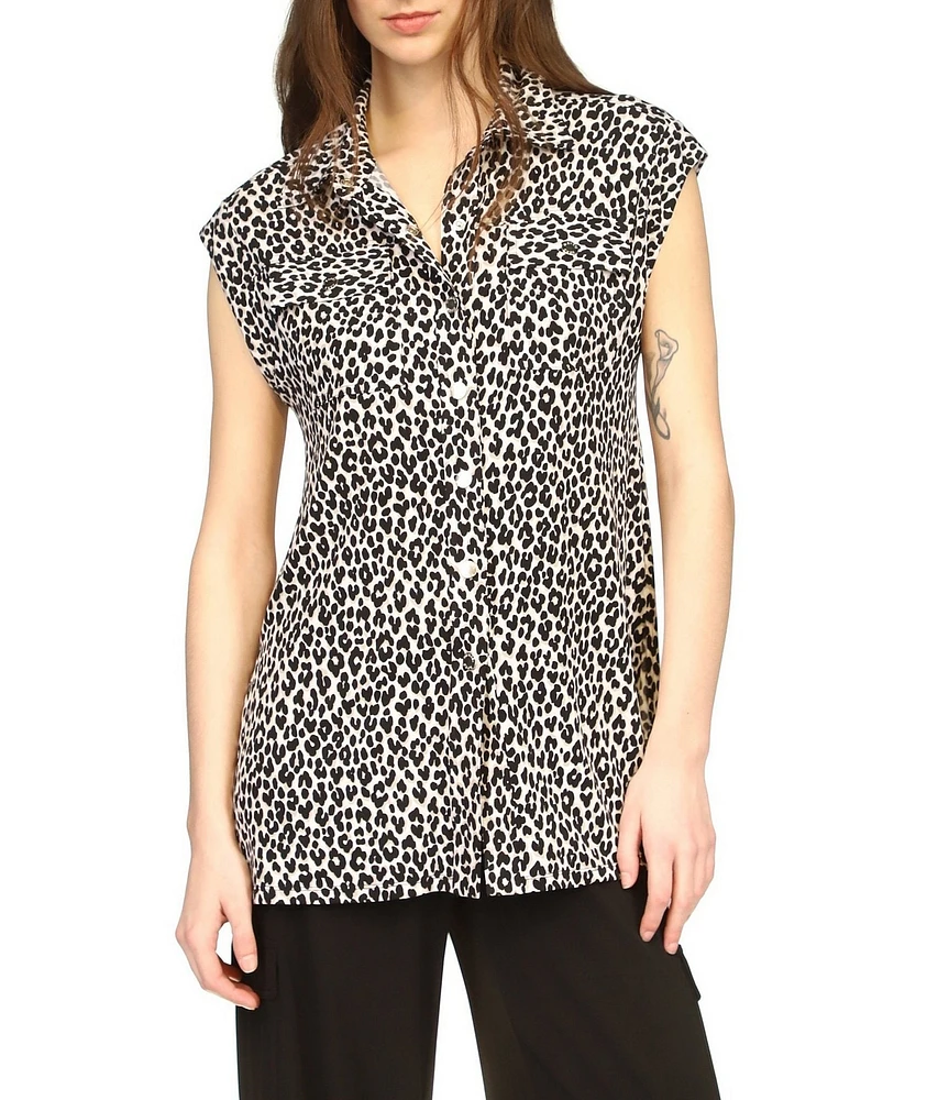 Michael Kors Cheetah Print Collared Neckline Cap Sleeve Top