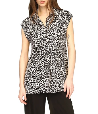 Michael Kors Cheetah Print Collared Neckline Cap Sleeve Top