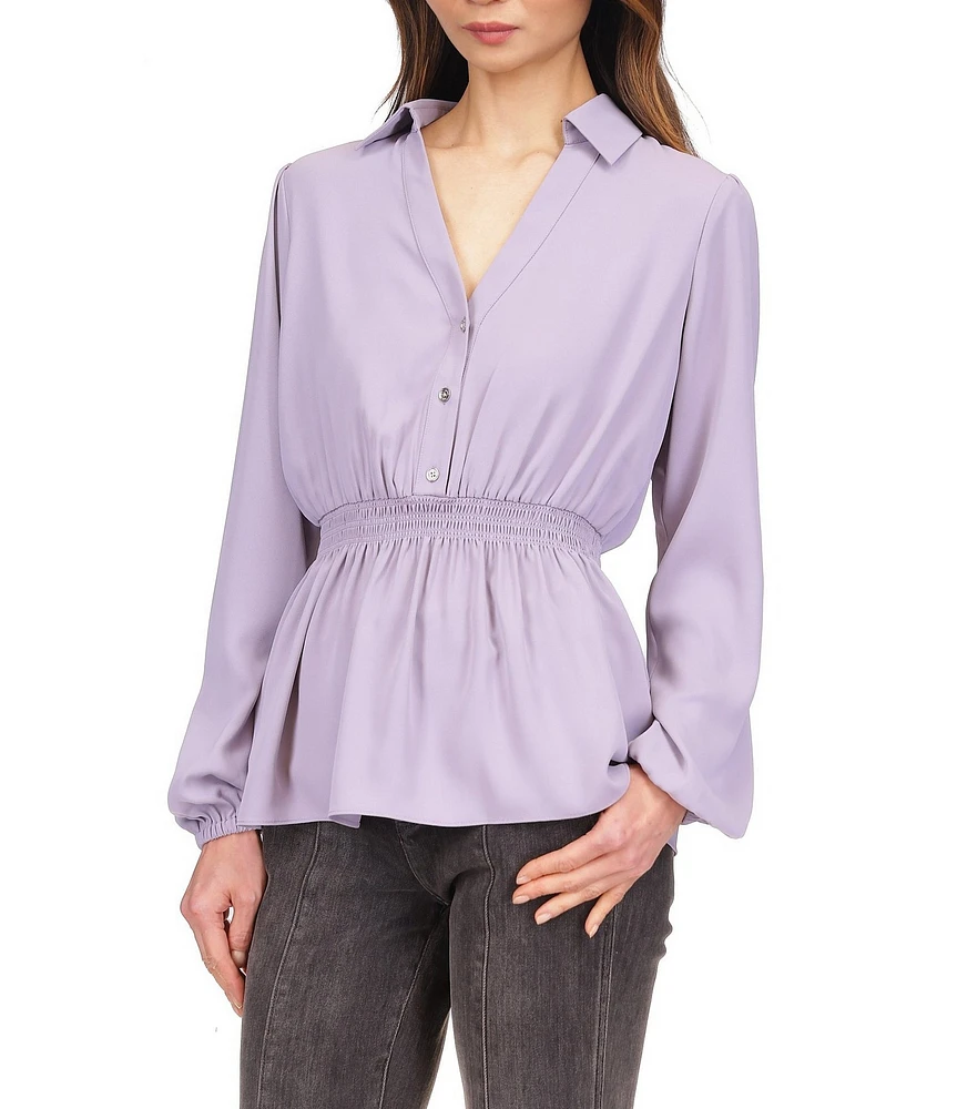 Michael Kors Crepe Long Sleeve Collared Button Front Peplum Shirt