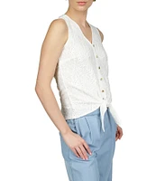 Michael Kors Crinkle Knit Eyelet V-Neck Sleeveless Button Down Tie Front Tank