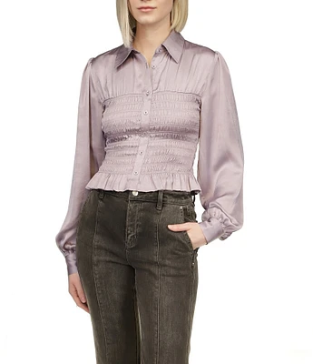 Michael Kors Crinkled Satin Smocked Button Front Flared Hem Top