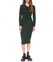 Michael Kors Dotted Long Sleeve Ruched Midi Sheath Dress