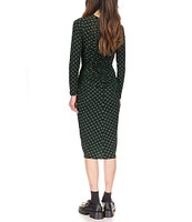 Michael Kors Dotted Long Sleeve Ruched Midi Sheath Dress