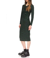 Michael Kors Dotted Long Sleeve Ruched Midi Sheath Dress