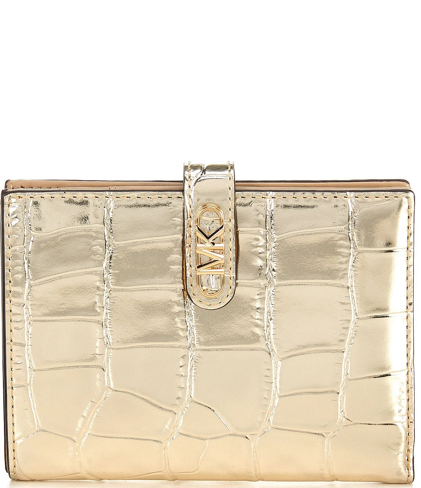 Michael Kors Empire Gold Metallic Crocodile Embossed Leather Passport Wallet