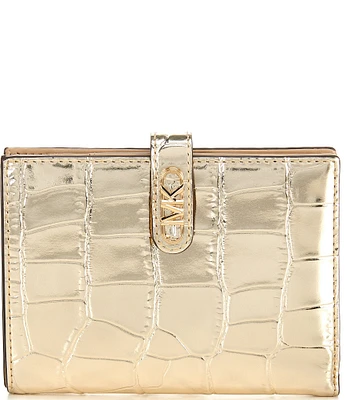 Michael Kors Empire Gold Metallic Crocodile Embossed Leather Passport Wallet