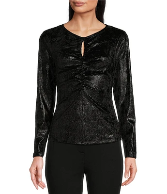 Michael Kors Foil-Printed Velvet Gold Chain Keyhole Crew Neck Long Sleeve Ruched Top