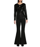 Michael Kors Foil-Printed Velvet Gold Chain Keyhole Crew Neck Long Sleeve Ruched Top