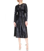 Michael Kors Foil-Printed Velvet Keyhole Crew Neck Long Sleeve Ruched A-Line Midi Dress