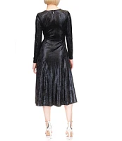 Michael Kors Foil-Printed Velvet Keyhole Crew Neck Long Sleeve Ruched A-Line Midi Dress