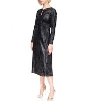 Michael Kors Foil-Printed Velvet Keyhole Crew Neck Long Sleeve Ruched A-Line Midi Dress