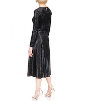 Michael Kors Foil-Printed Velvet Keyhole Crew Neck Long Sleeve Ruched A-Line Midi Dress