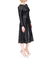 Michael Kors Foil-Printed Velvet Keyhole Crew Neck Long Sleeve Ruched A-Line Midi Dress