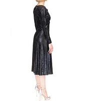 Michael Kors Foil-Printed Velvet Keyhole Crew Neck Long Sleeve Ruched A-Line Midi Dress