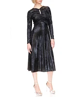 Michael Kors Foil-Printed Velvet Keyhole Crew Neck Long Sleeve Ruched A-Line Midi Dress