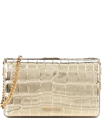 Michael Kors Jet Set Medium Gold Metallic Crocodile Embossed Leather Crossbody Bag