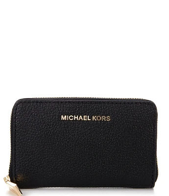 Michael Kors Jet Set Small Zip Around Gold Tone Pebble Leather Card Case Wallet