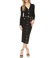 Michael Kors Knit V-Neck Long Sleeve Belted Button-Front Midi Dress