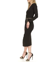 Michael Kors Knit V-Neck Long Sleeve Belted Button-Front Midi Dress