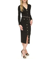 Michael Kors Knit V-Neck Long Sleeve Belted Button-Front Midi Dress