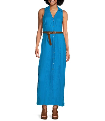 Michael Kors Linen Blend Point Collar V-Neck Sleeveless Button Front Belted A-Line Maxi Dress