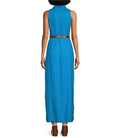 Michael Kors Linen Blend Point Collar V-Neck Sleeveless Button Front Belted A-Line Maxi Dress