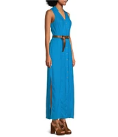 Michael Kors Linen Blend Point Collar V-Neck Sleeveless Button Front Belted A-Line Maxi Dress