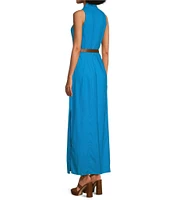 Michael Kors Linen Blend Point Collar V-Neck Sleeveless Button Front Belted A-Line Maxi Dress