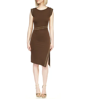 MICHAEL Michael Kors Matte Jersey Studded Crew Neck Sleeveless Asymmetrical Hemline Sheath Dress