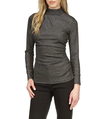 Michael Kors Metallic Lurex Side Ruched Mock Neck Long Sleeve Top