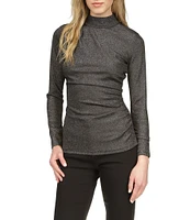 Michael Kors Metallic Lurex Side Ruched Mock Neck Long Sleeve Top