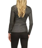 Michael Kors Metallic Lurex Side Ruched Mock Neck Long Sleeve Top